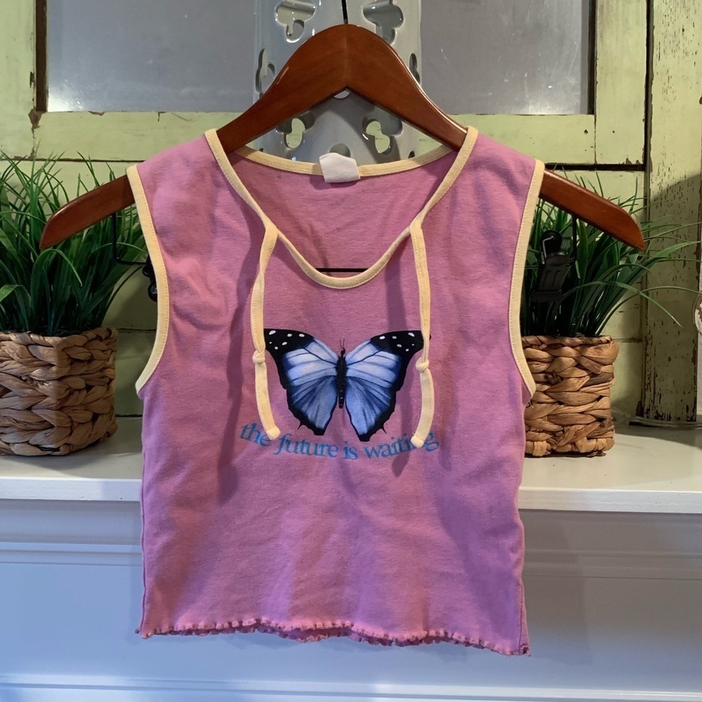 Urban Outfitters The Future is Waiting Y2K 90s Butterfly Print Pink Crop Top S